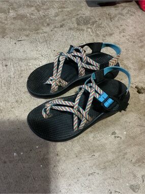 Chaco Women's Black Sandals with Multicolor Straps and Blue Accents